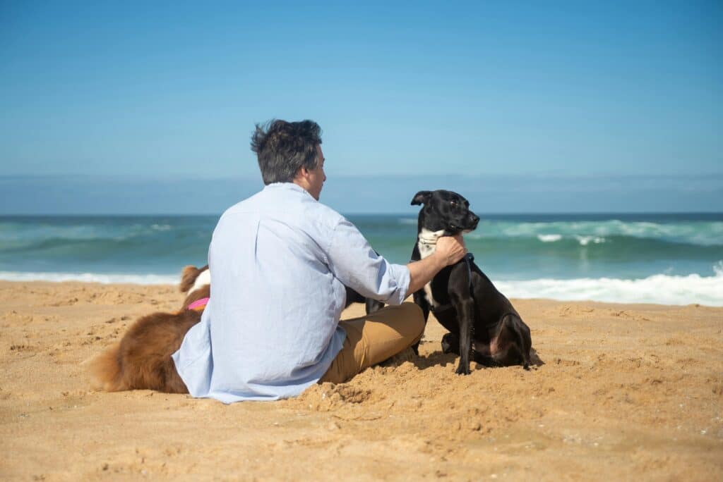 A man sits with two dogs on a sandy Portuguese beach, enjoying a sunny day by the ocean.